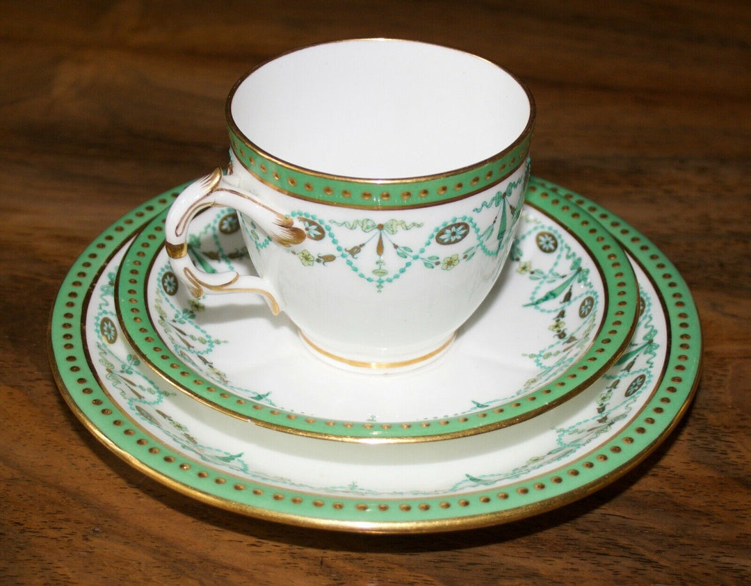 MINTON PORCELAIN TRIO - 1889 MARK - GREEN, GILT AND BLUE ENAMEL SWAGGING ETC.