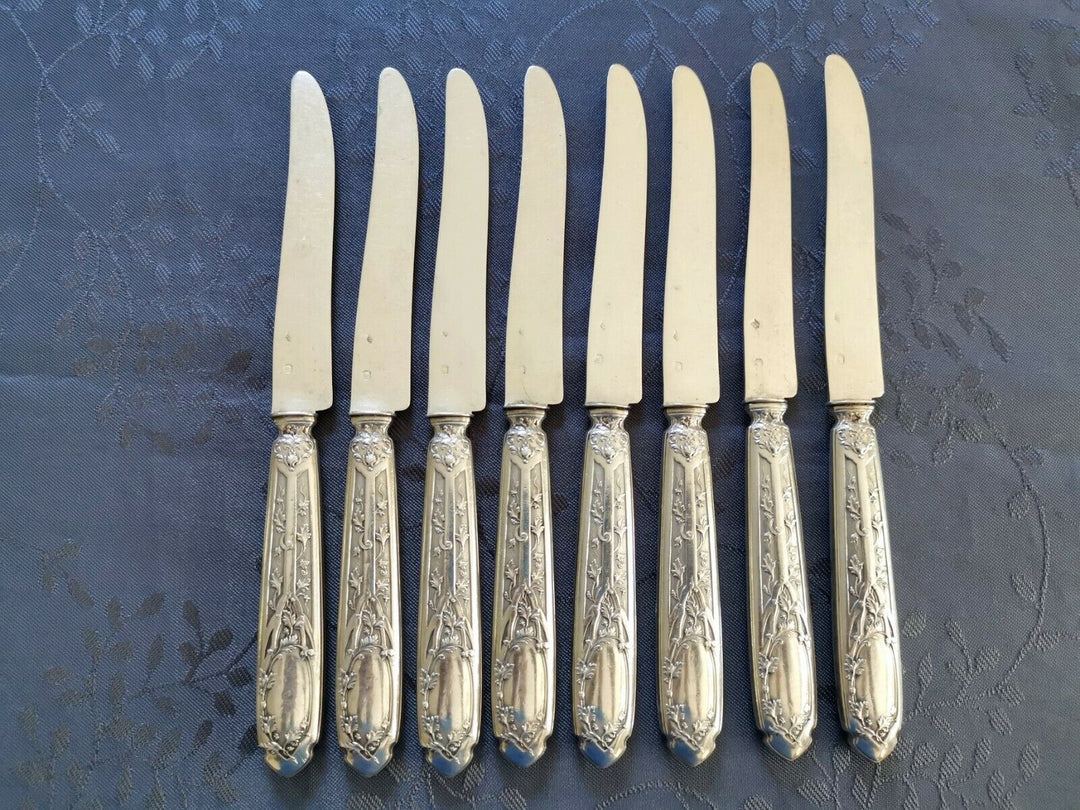 ARGENT MASSIF PUIFORCAT MODERNE FEUILLAGE 8 COUTEAUX LAMES EN ARGENT MASSIF MIN