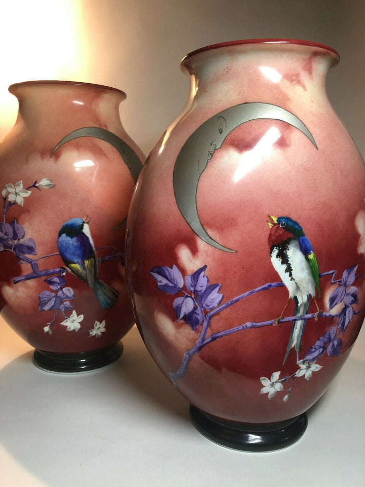 Baccarat Japonisme Birds, Man in the Moon, Blossom Glass Vases Glas Verre - 1880