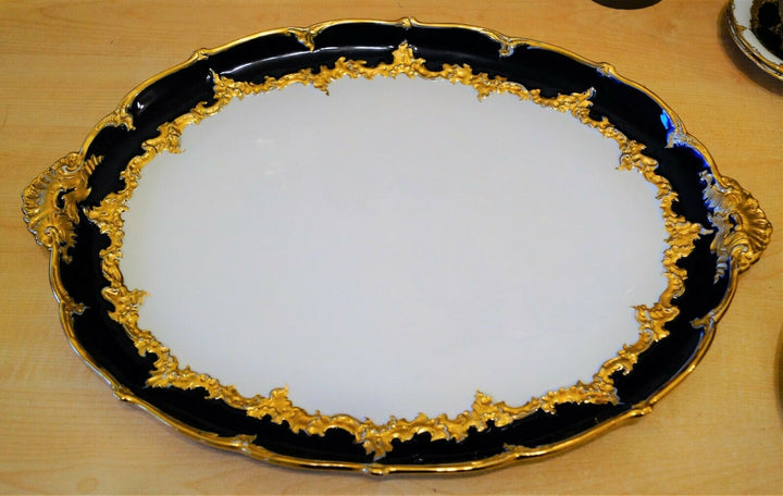 Meissen handpainted kingblue Leuteritz B form large tray with handles 19"