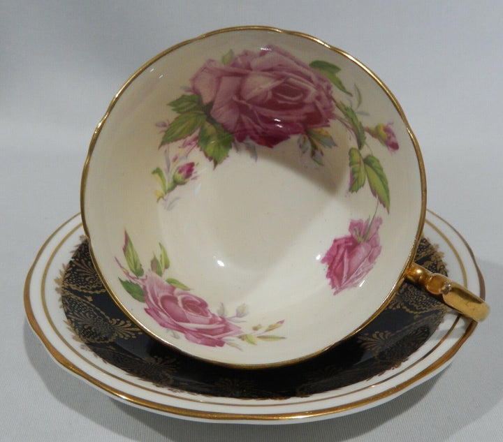 Vintage 1940s AYNSLEY PINK CABBAGE ROSE CUP & SAUCER on BLACK with Gold Filigree