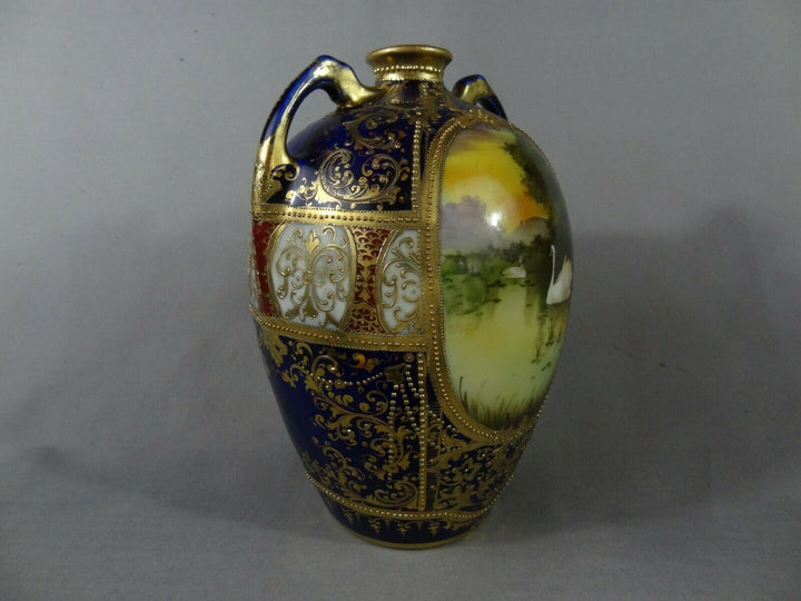 オールドノリタケ　金盛と白鳥とコバルトの花瓶