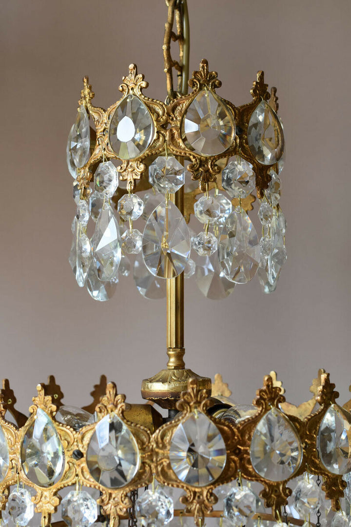 Brass Vintage Crystal Chandelier, Antique Lighting Bridal Lamp French Lustre
