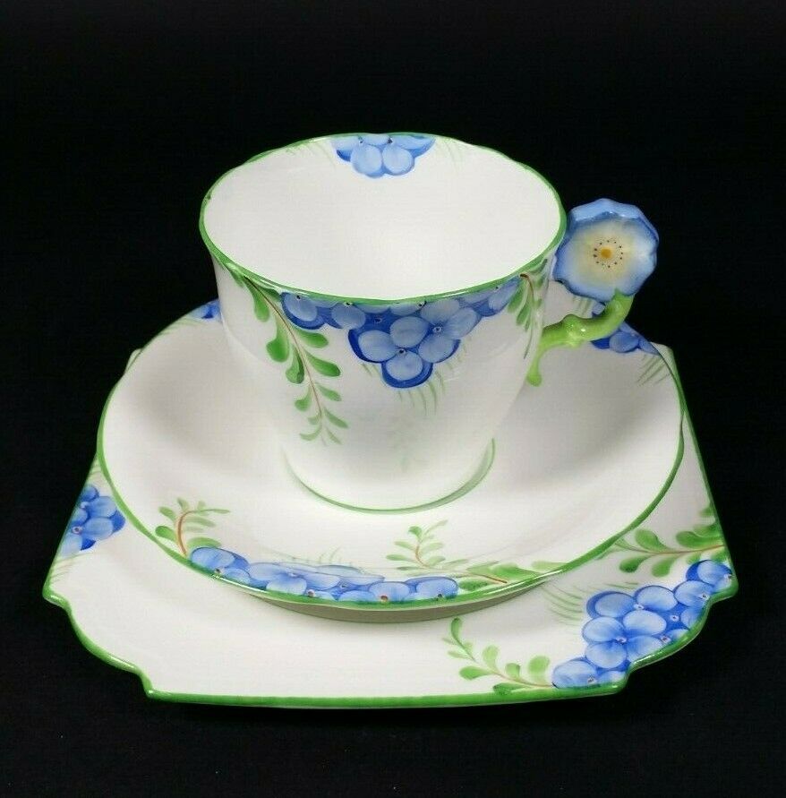 Aynsley RARE Flower Handle Tea Cup and Saucer Trio ART DECO Hand Painted