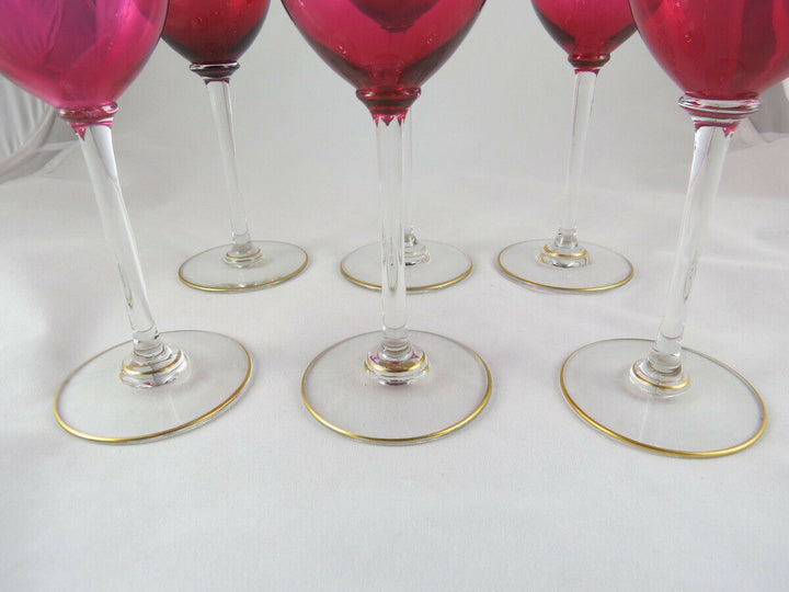 FINE FRENCH Baccarat RUBY GLASS SET OF 6 WINE GOBLET w/ GOLD, Recamier PATTERN