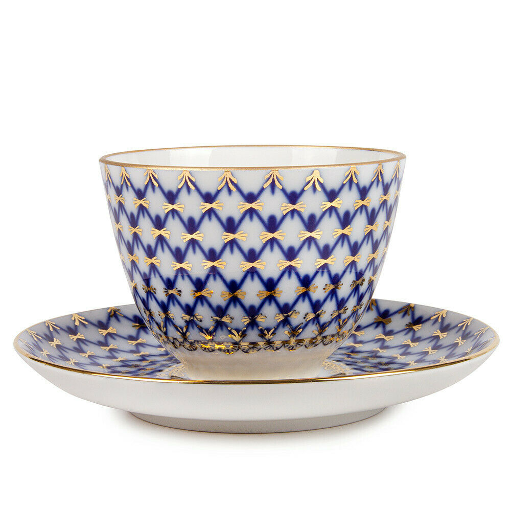 Cobalt Net Porcelain Teacup and Saucer, Imperial Porcelain Russia, 230 ml LFZ