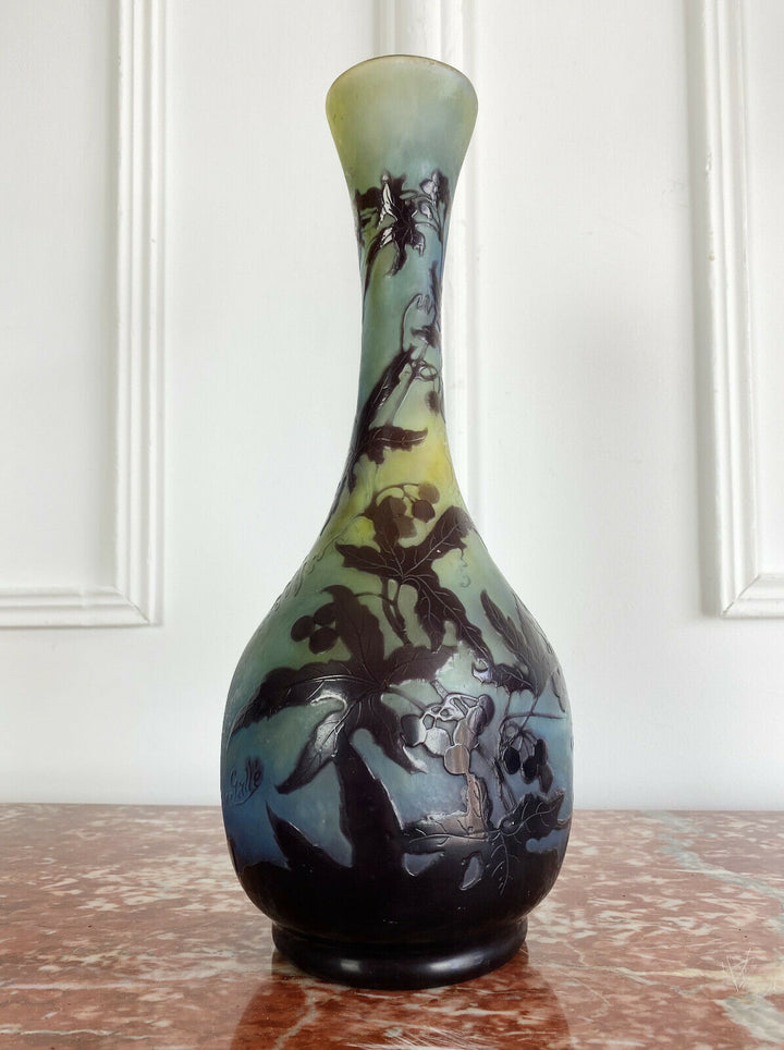 ÉMILE GALLÉ : VASE D'ÉPOQUE ART NOUVEAU EN PATE DE VERRE DE 35cm DE HAUTEUR
