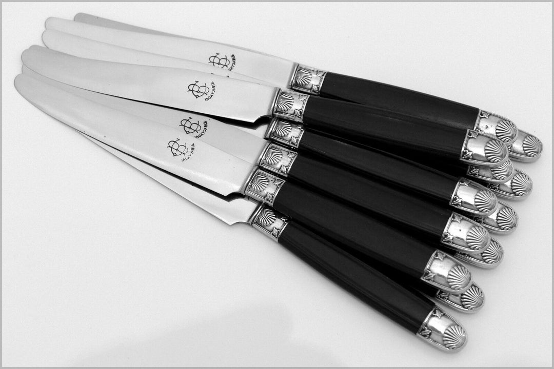 Antique French Silver & Carved Ebony Dinner Knife Set 12 pc w/box, Shell