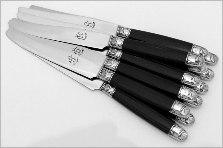 Antique French Silver & Carved Ebony Dinner Knife Set 12 pc w/box, Shell