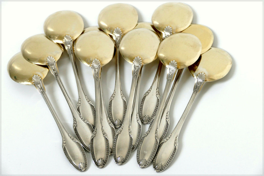 Puiforcat French Sterling Silver 18k Gold Ice Cream Spoons set 12 pc Palmette