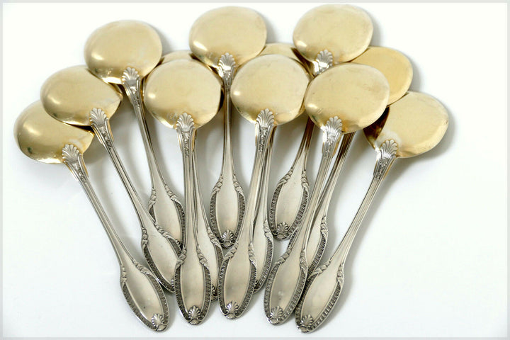 Puiforcat French Sterling Silver 18k Gold Ice Cream Spoons set 12 pc Palmette