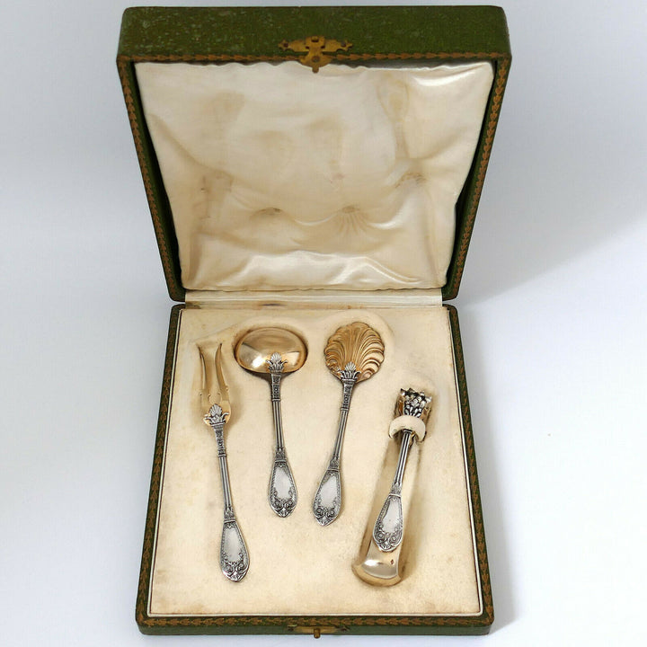 Barrier Fabulous French Sterling Silver 18k Gold Dessert Set 4 Pc, Box, Empire