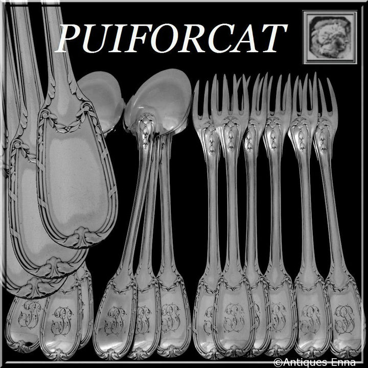 Puiforcat French Sterling Silver Dinner Flatware Set 12 pc Neoclassical