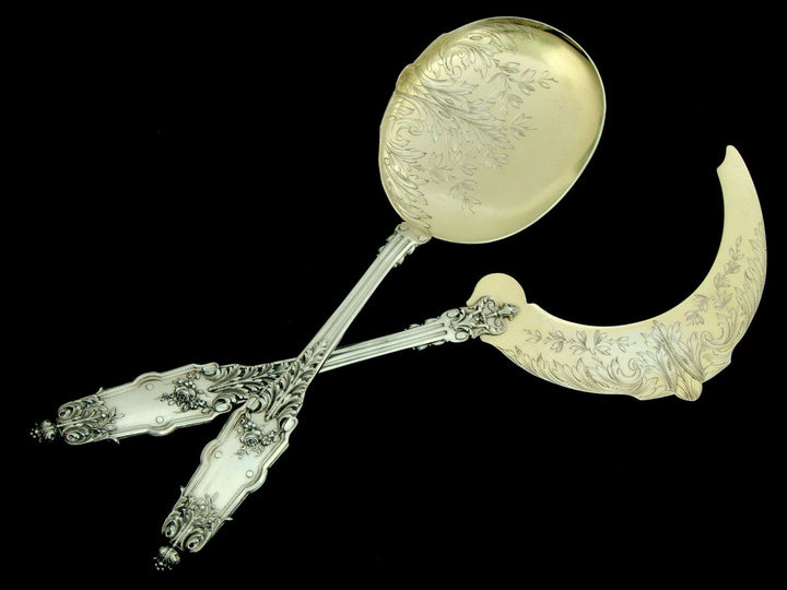 Puiforcat Top French All Sterling Silver 18k Gold Ice Cream Set 2 pc Acanthus