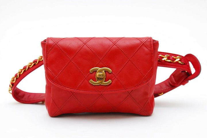 Auth CHANEL Quilted CC Chain Belt Waist Bum Bag Red Leather