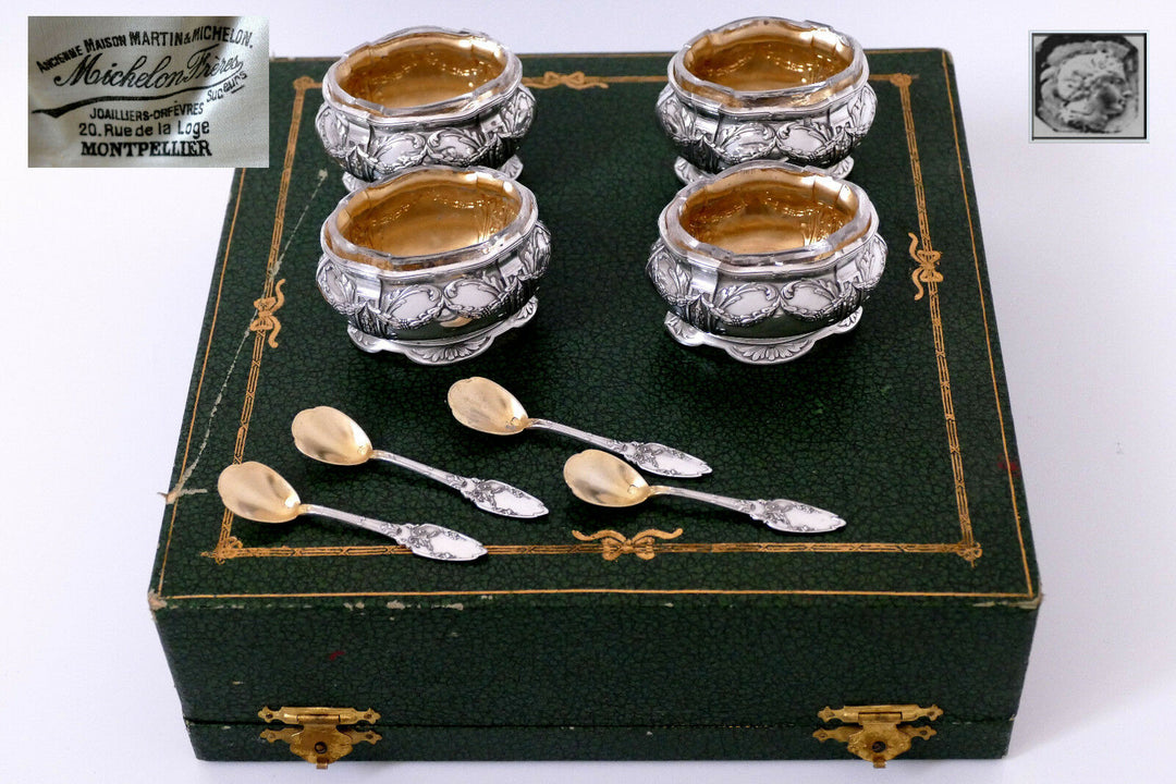 Collet French Sterling Silver 18k Gold Set 4 Salt Cellars, Spoons, Original box