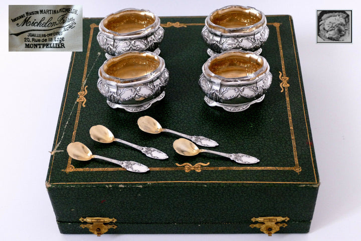 Collet French Sterling Silver 18k Gold Set 4 Salt Cellars, Spoons, Original box