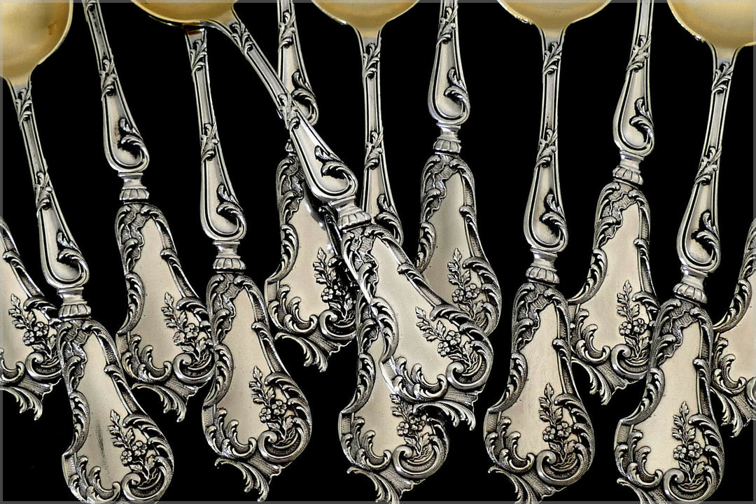 Soufflot French Sterling Silver 18k Gold Tea Coffee Spoons Set 12 pc Rococo