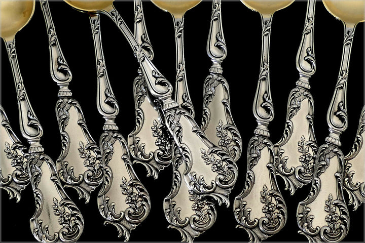 Soufflot French Sterling Silver 18k Gold Tea Coffee Spoons Set 12 pc Rococo