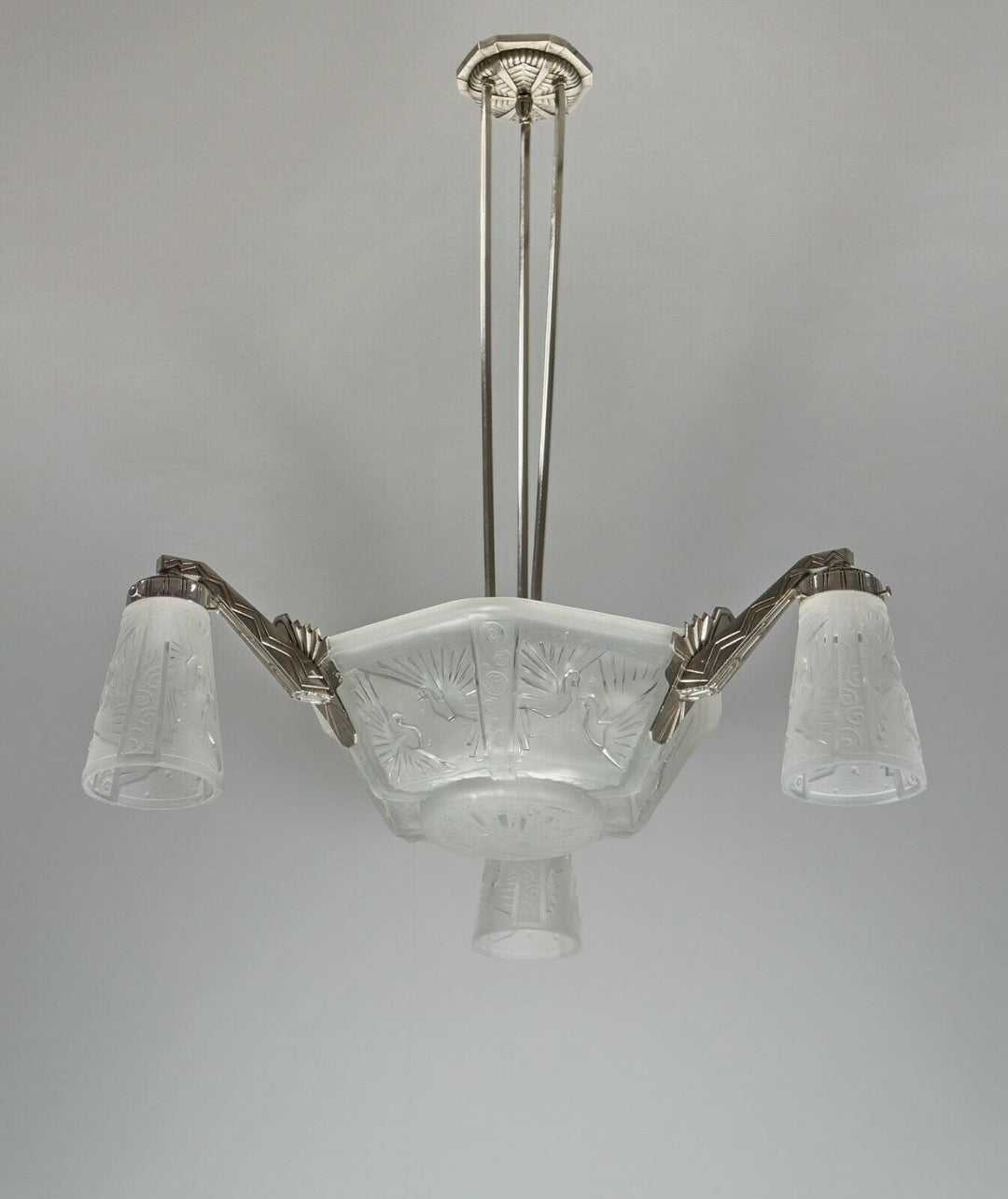 MULLER FRERES : FRENCH ART DECO CHANDELIER 1930 ... peacock bronze lustre paon