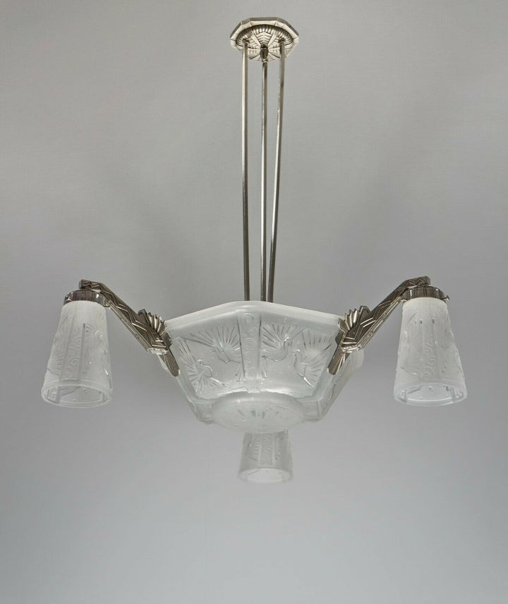MULLER FRERES : FRENCH ART DECO CHANDELIER 1930 ... peacock bronze lustre paon