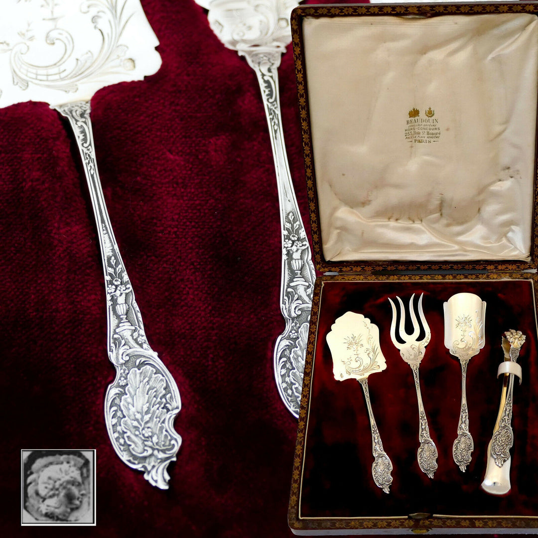 Boivin French sterling silver Dessert Hors d'Oeuvre set 4 pc w/box Rococo