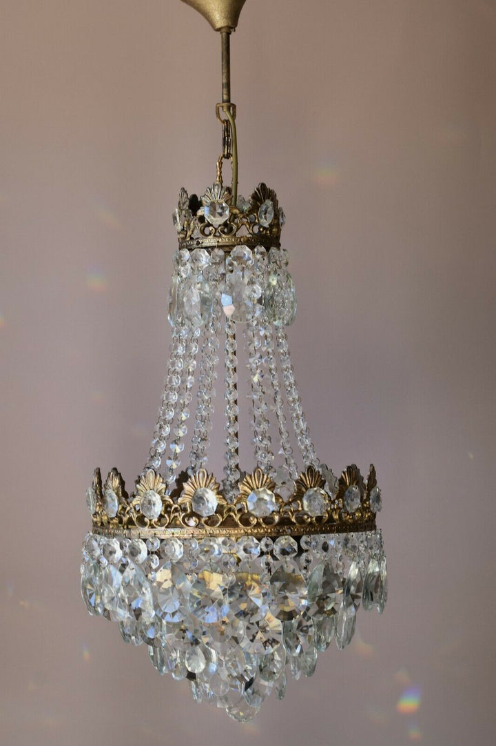 Original Vintage Crystal Chandelier, Antique Lighting, 1950s Pendant, Light,Lamp
