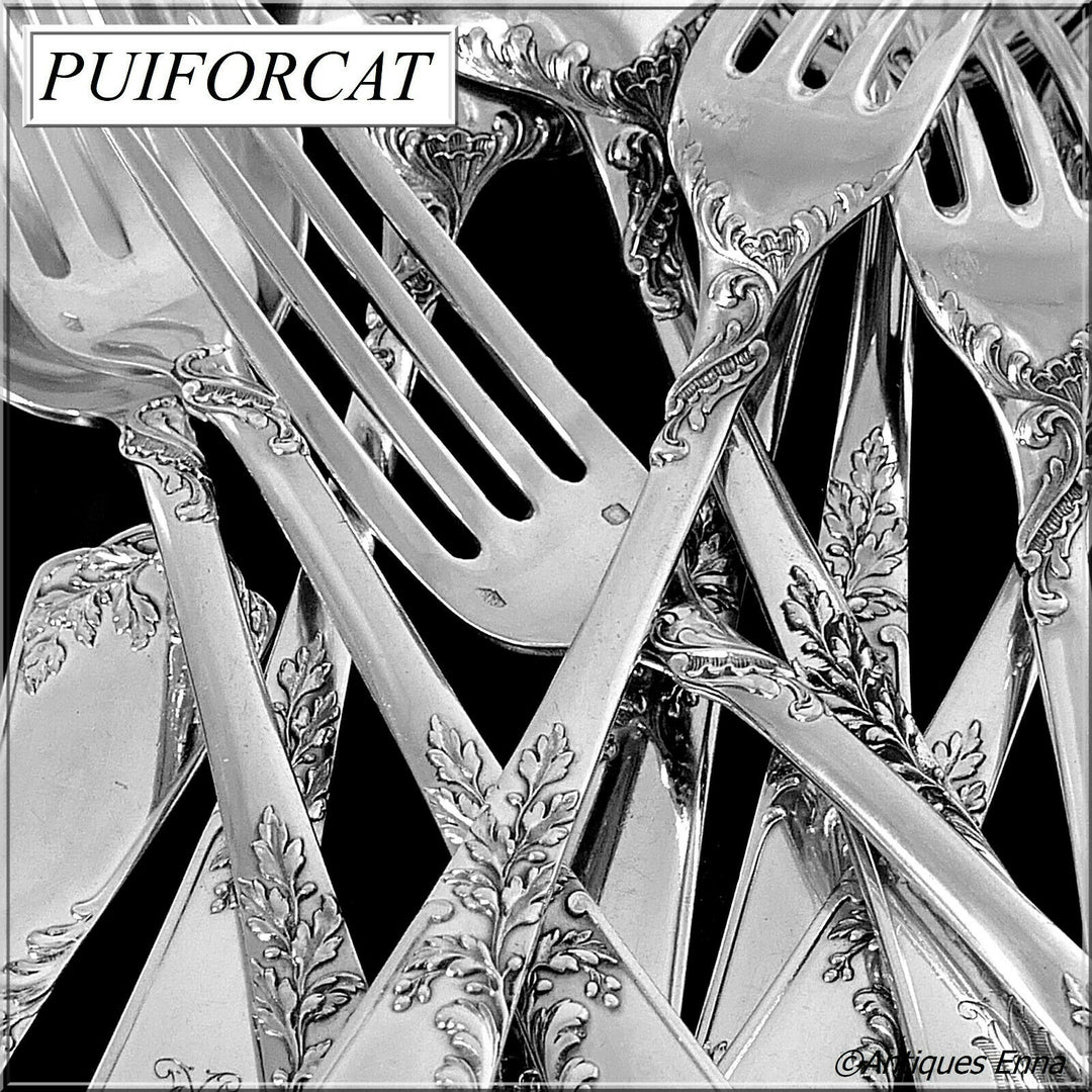 Puiforcat French Sterling Silver Dinner Flatware Set 12 Pc Foliage