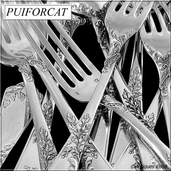 Puiforcat French Sterling Silver Dinner Flatware Set 12 Pc Foliage