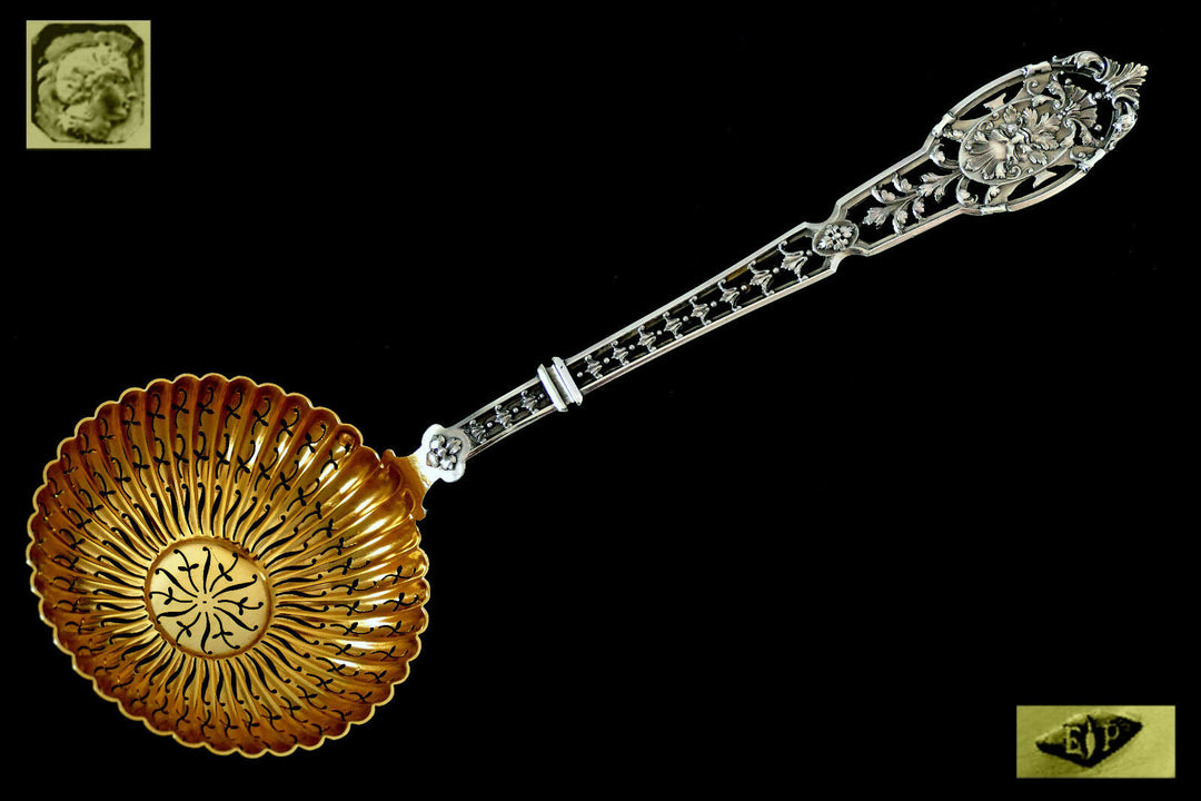 Puiforcat Masterpiece French Sterling Silver Gold Sugar Sifter Spoon Mascaron