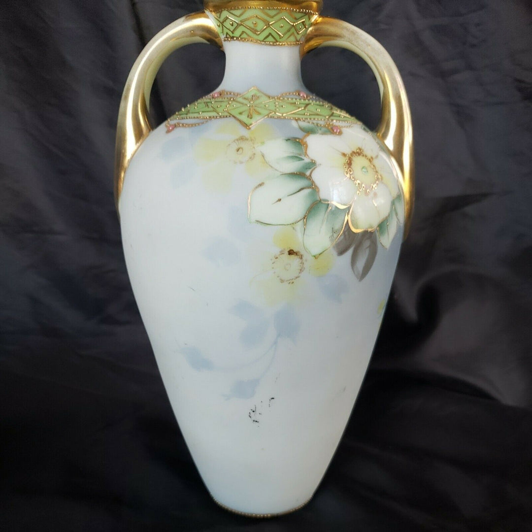 ANTIQUE NIPPON MORIMURA HAND PAINTED GOLD BEADED VASE W/HANDLES & FLORAL MOTIF
