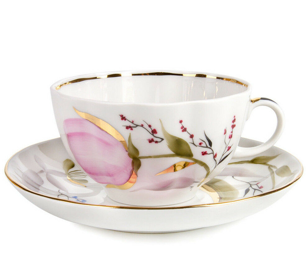 8.5 fl oz Teacup & Saucer by Imperial Porcelain IFZ LFZ Pink Tulips Lomonosov