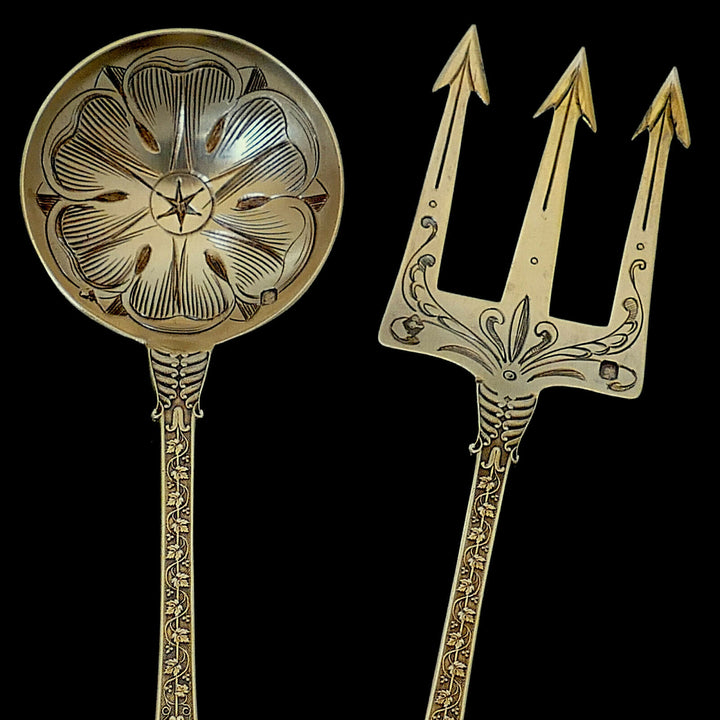 Queille Masterpiece French Sterling Silver 18k Gold Dessert Set, Empire