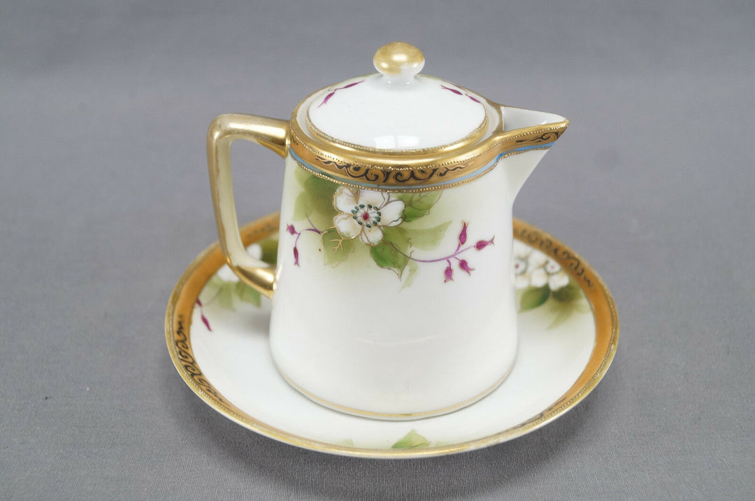 Nippon Morimura Hand Painted White Wild Rose Scrollwork & Beaded Syrup Pitcher