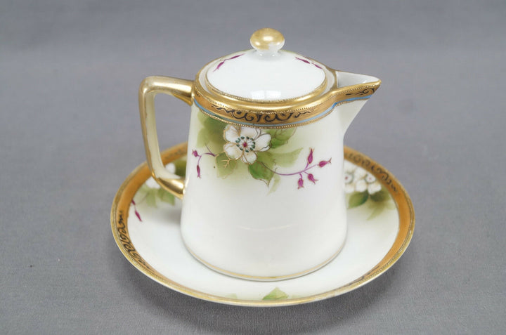 Nippon Morimura Hand Painted White Wild Rose Scrollwork & Beaded Syrup Pitcher