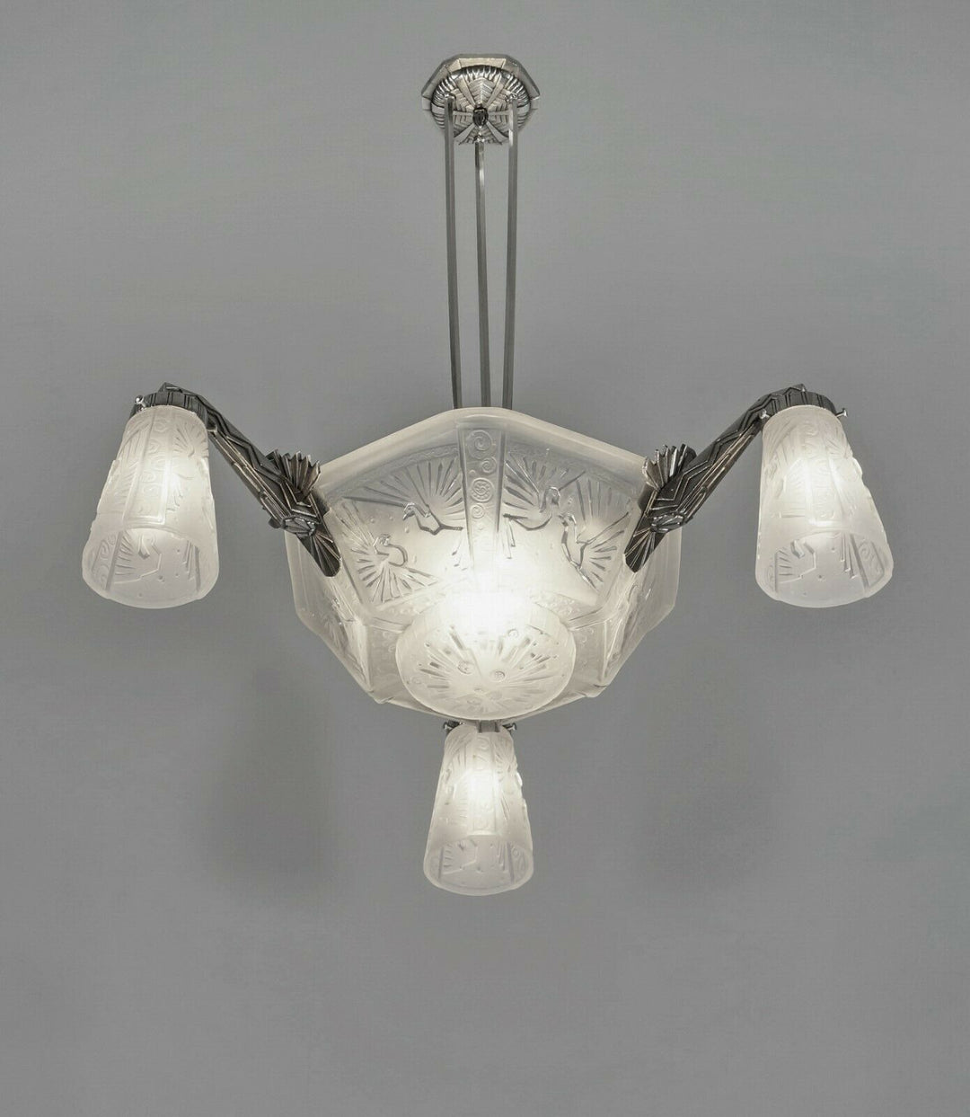 MULLER FRERES : FRENCH ART DECO CHANDELIER 1930 ... peacock bronze lustre paon