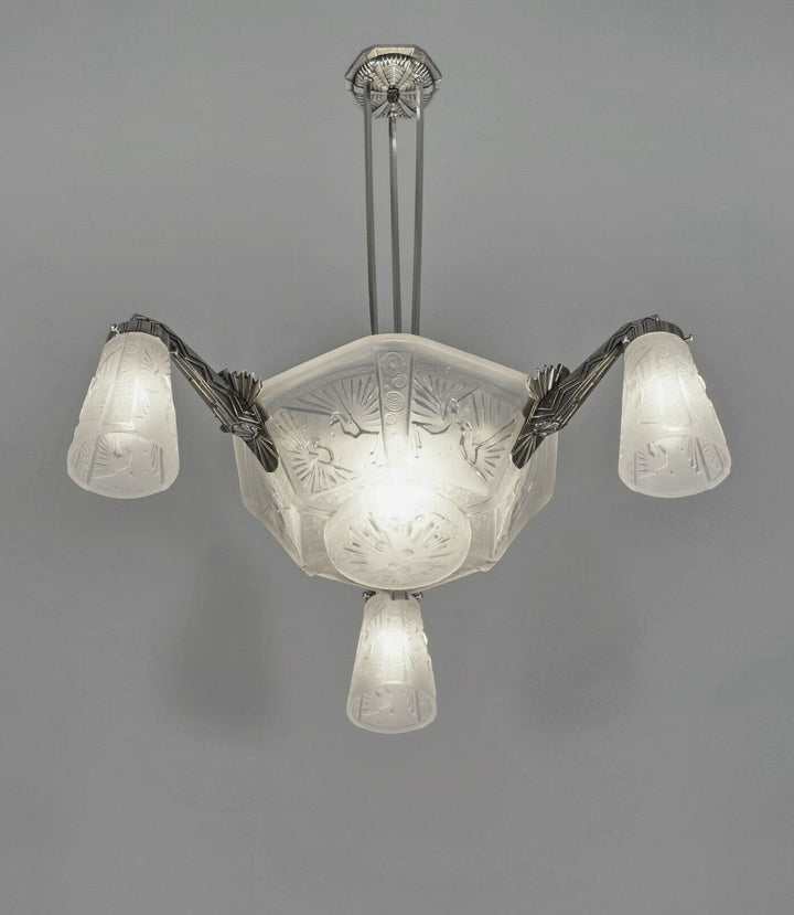 MULLER FRERES : FRENCH ART DECO CHANDELIER 1930 ... peacock bronze lustre paon