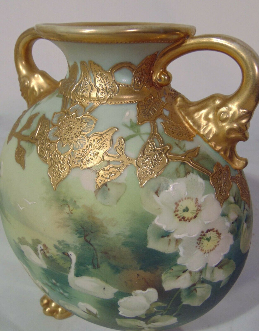 Japanese Nippon Porcelain Vase Elephant Handles Lion's Feet Swan White Roses