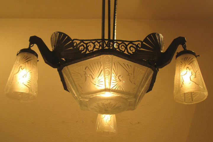 STUNNING FRENCH ART DECO CHANDELIER 1925-PEACOCKS-BY MULLER FRERES LUNEVILLE
