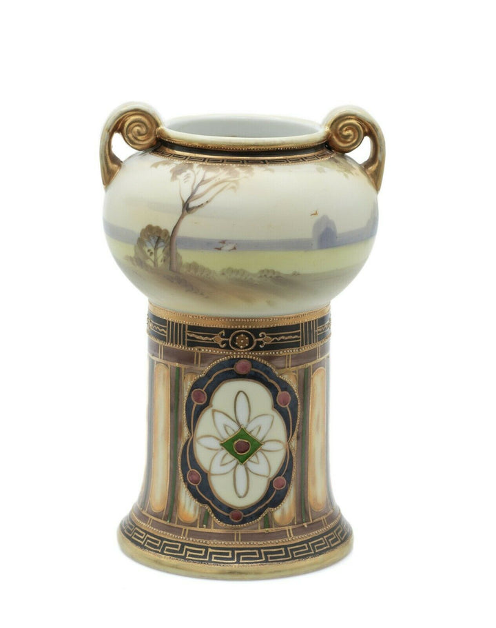 Antique Noritake Porcelain Pedestal Vase with Landscape Scene, Art Deco Period