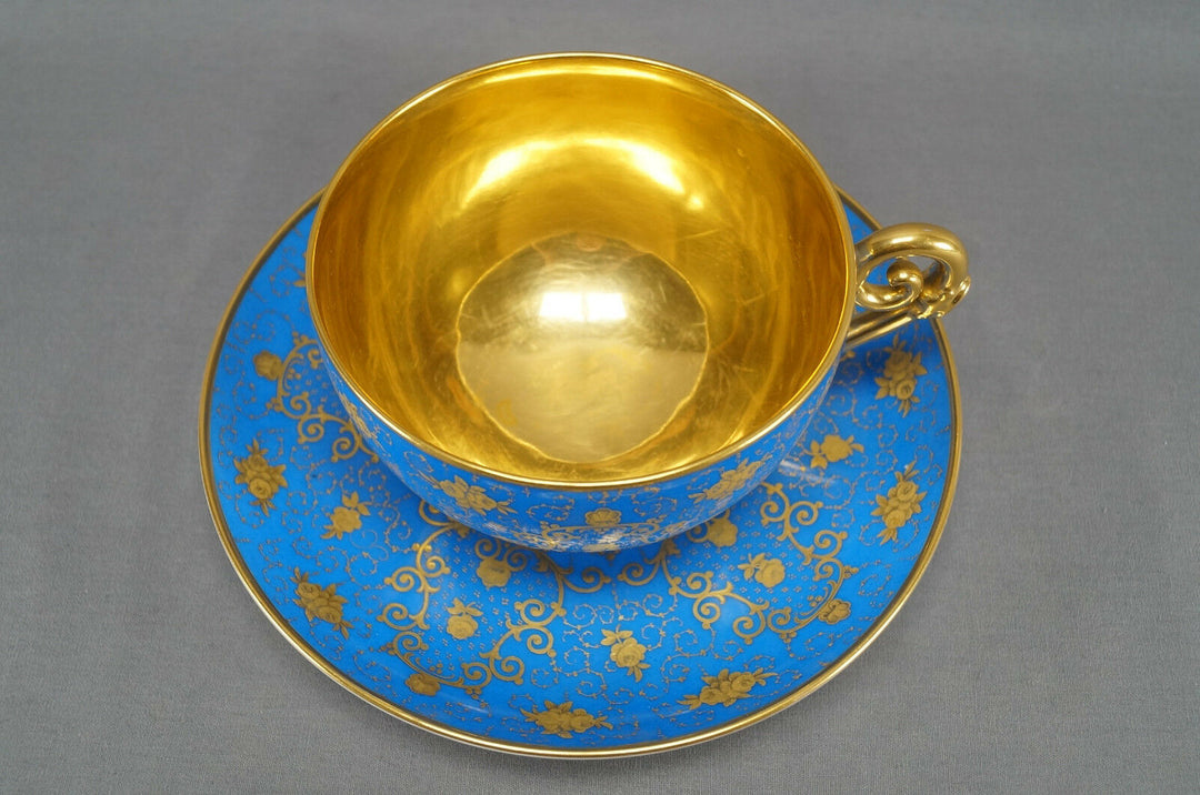 19th Century KPM Berlin Wilhelm I Royal Blue Gold Floral Oversized Cup & Saucer
