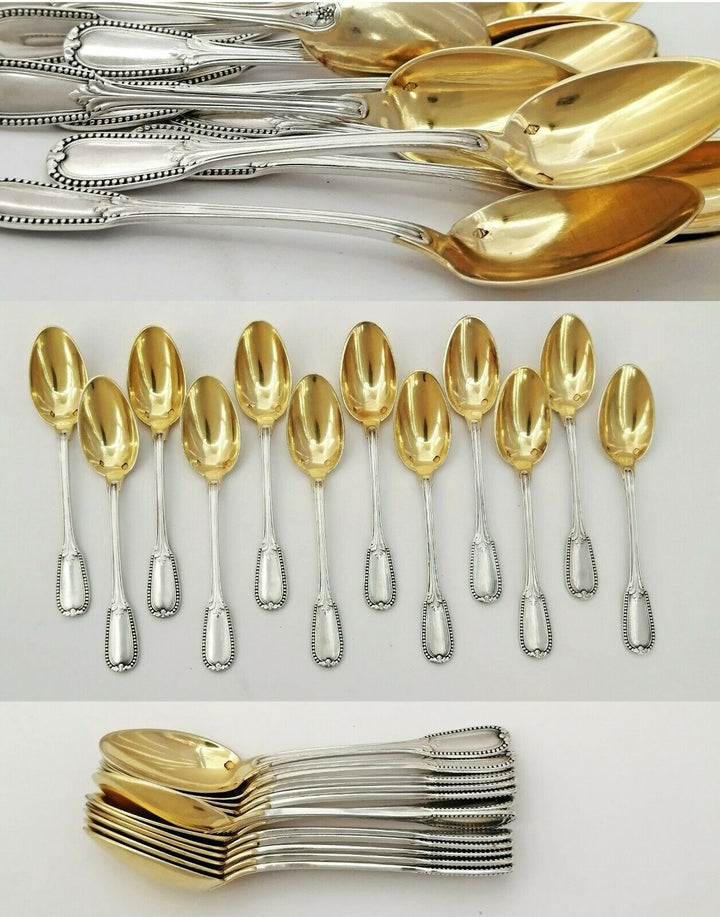 Puiforcat: French Sterling Silver & Vermeil Small Coffee, Mocha Spoons - 12pc