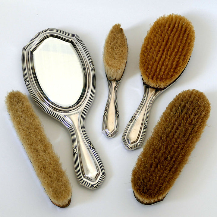1900 Debain Rare French Sterling Silver Travel Vanity Set 5 Pc, Neoclassical