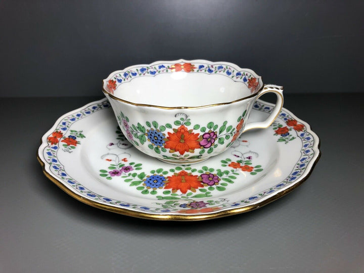 MEISSEN TASSE UND DESSERTTELLER INDISCHE MALEREI BUNT BLUMEN KAKIEMON GOLD