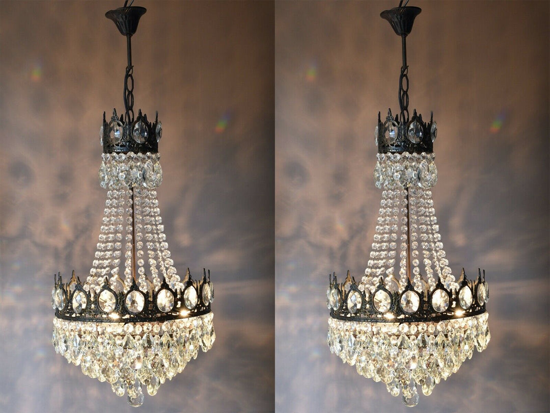 Two Antique Vintage Crystal Chandeliers in Bronze, Ceiling Lighting, pendants