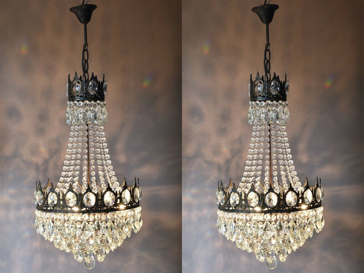 Two Antique Vintage Crystal Chandeliers in Bronze, Ceiling Lighting, pendants