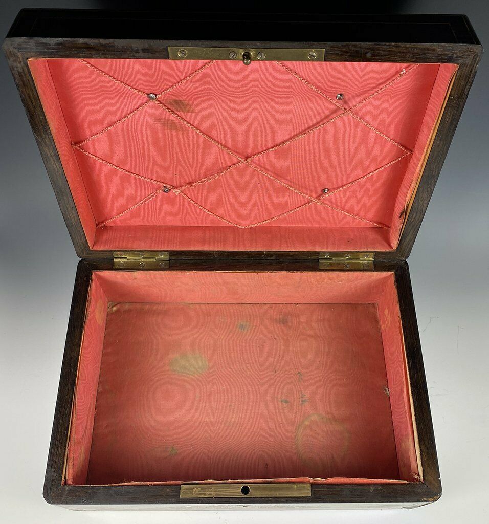 Antique French Boulle Rosewood Jewelry Box, Casket, Mother of Pearl Silver Inlay
