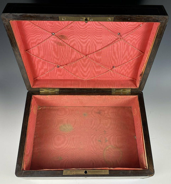 Antique French Boulle Rosewood Jewelry Box, Casket, Mother of Pearl Silver Inlay