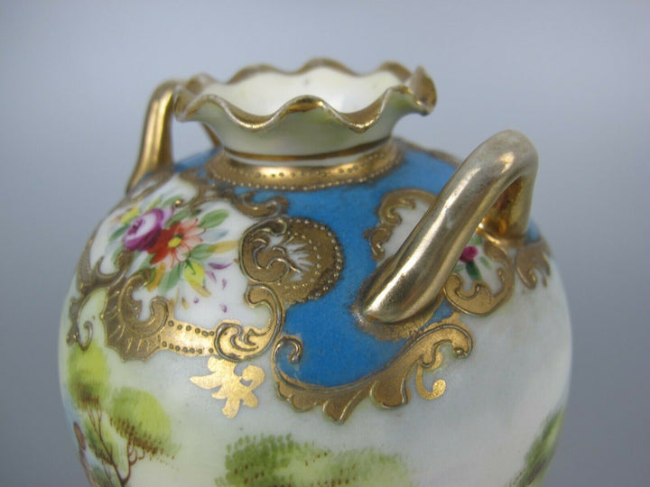 Pair of superb antique vtg Noritake rotund Vases / Urns. Hand painted blue c1910
