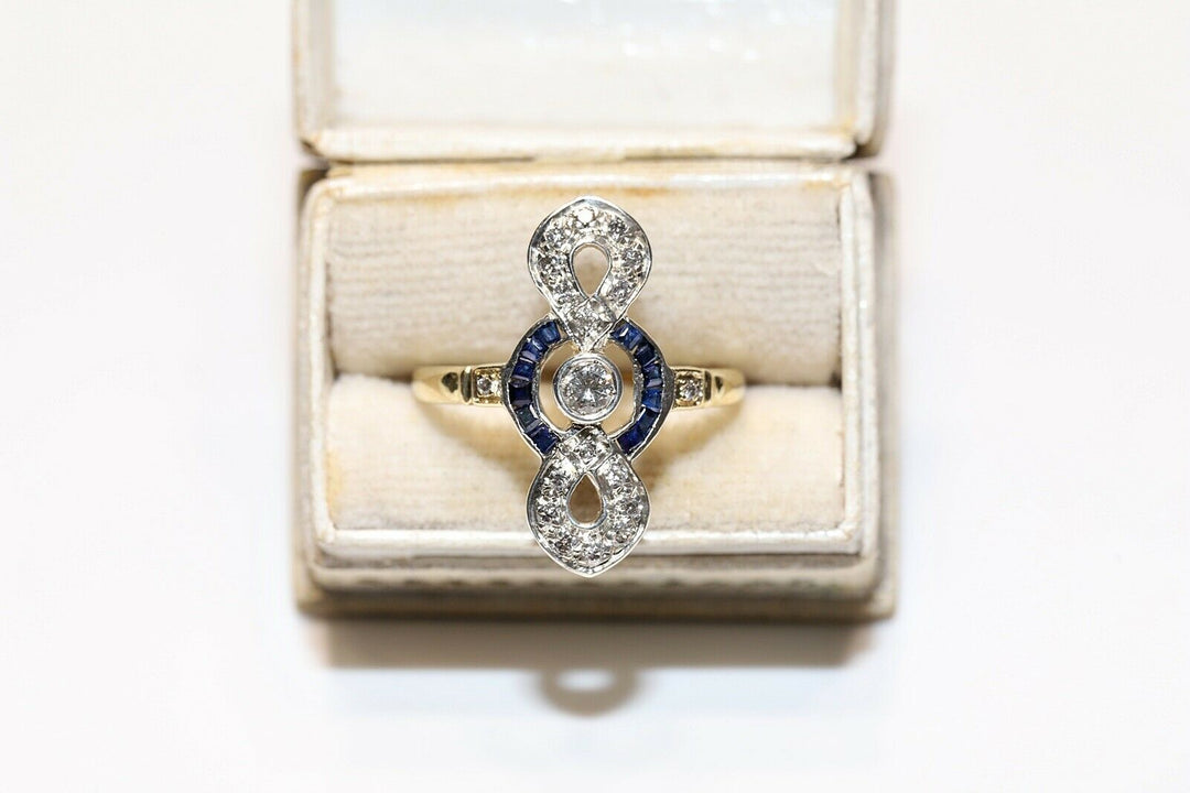 アンティーク オリジナル アールデコ 18K ナチュラルダイヤモンドとカリバーサファイアのリング